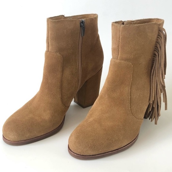 Via Spiga Niurka Suede Fringe Heeled Booties Natural Camel 10 - Picture 2 of 3